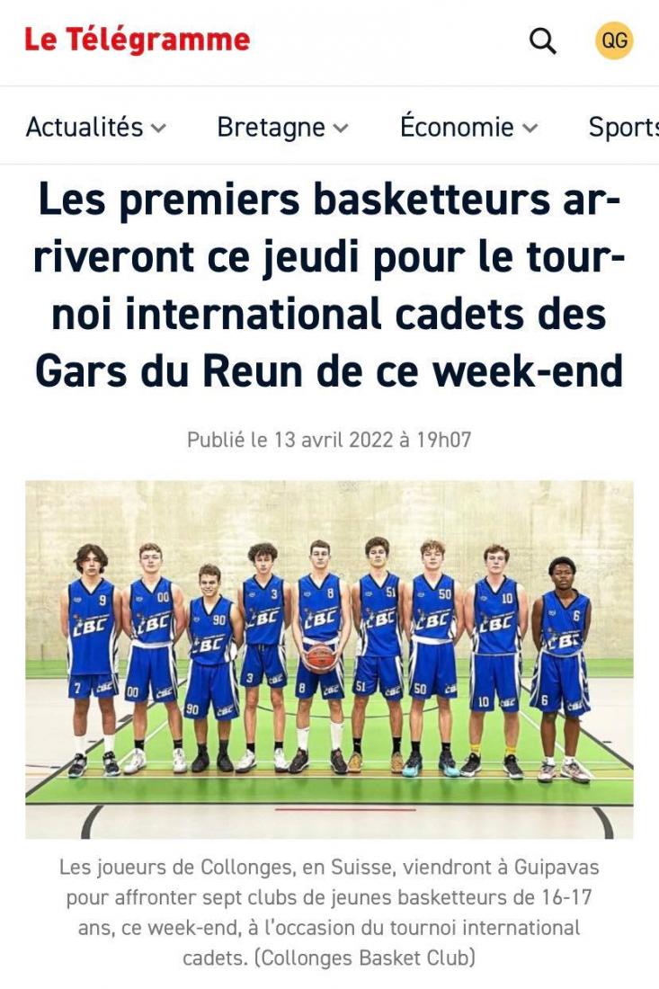 [DANS LA PRESSE - LE TÉLÉGRAMME] - Les premiers basketteurs arriveront ce jeudi pour le Tournoi International Cadets des Gars du Reun de ce week-end 📰
